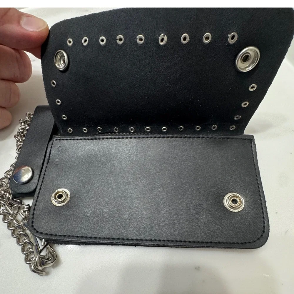 USMC Chain‎ Wallet Black Leather Studded Biker Marine Corps Trifold